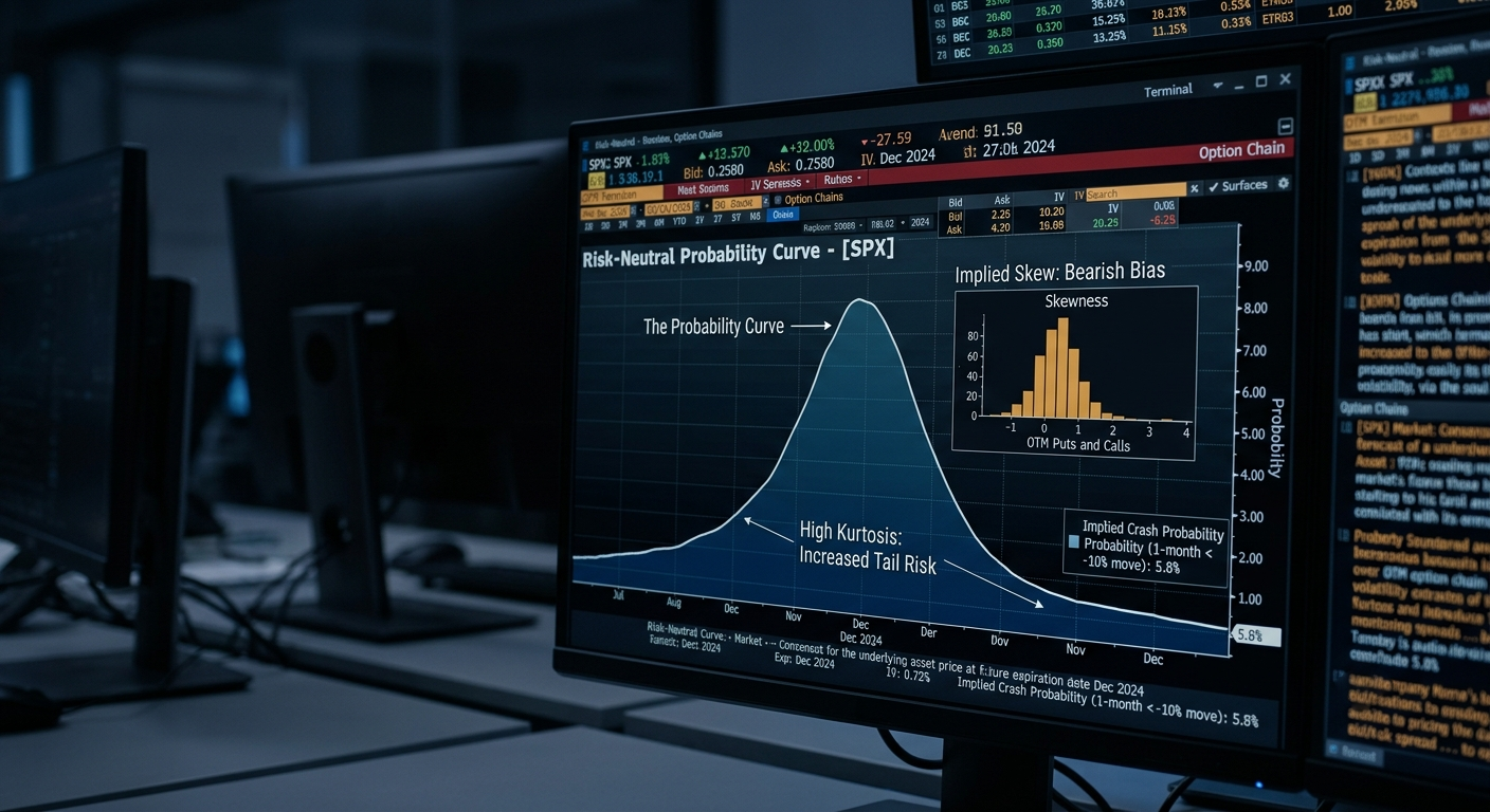 Probability Studio — the risk-neutral probability curve for SPX with implied skew histogram, fat-tail annotation, and an implied crash probability readout